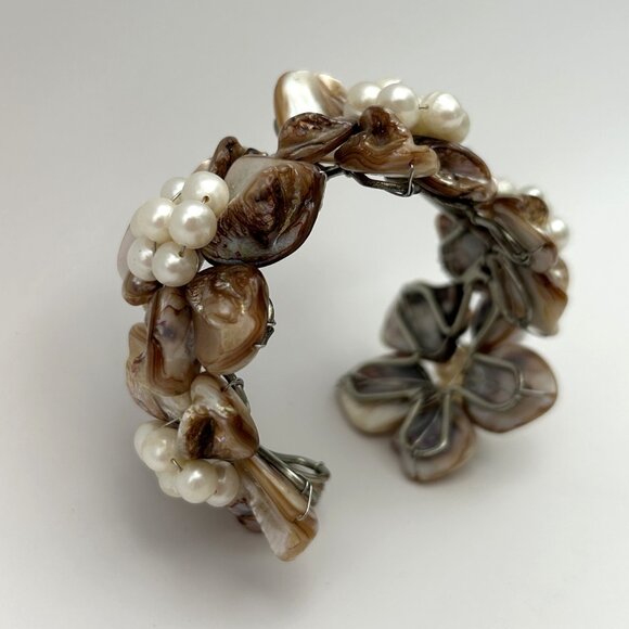Statement Floral Cuff Bracelet Mother of Pearl Shell Pearl Bead Wire Wrap Boho - Picture 12 of 12